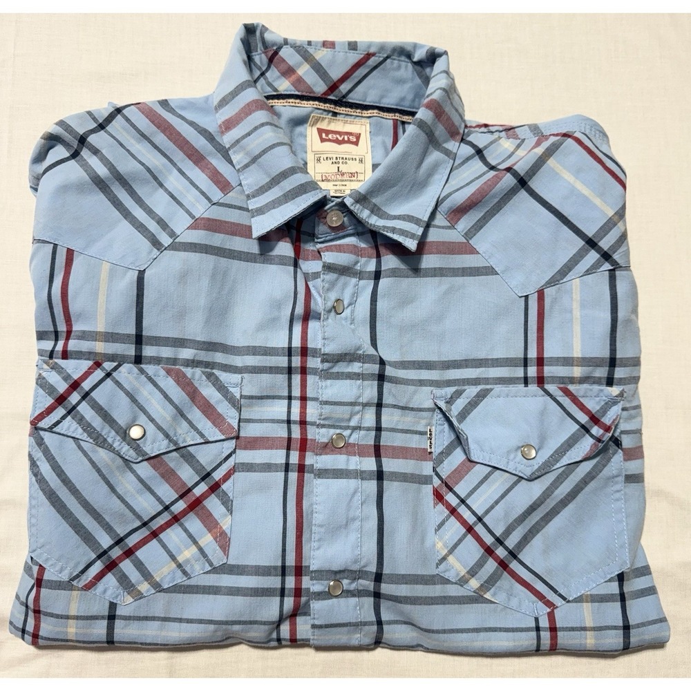 Levi's Men's Blue Plaid Western Pearl Snap Long Sleeve Shirt Size Large Modern